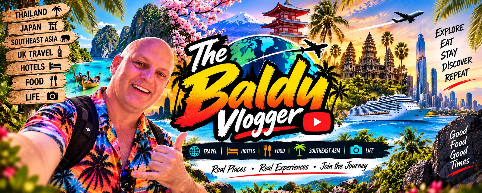 The Baldy Vlogger travel banner featuring Mark and destinations across Asia